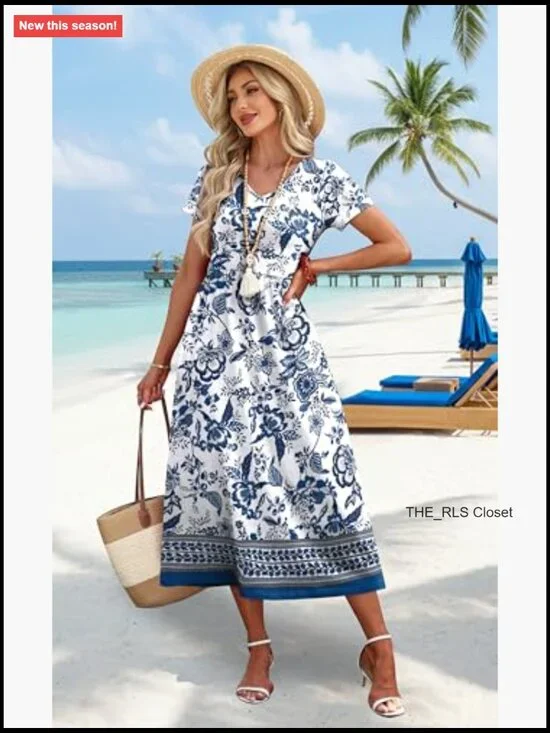 Flowy A-Line Midi Dress with Pockets, V-Neck, Short Sleeve - Picture 2 of 7
